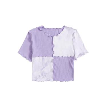 Imagem de SOLY HUX Camiseta feminina de manga curta com acabamento de alface e corte de cores, Roxo lilás, P