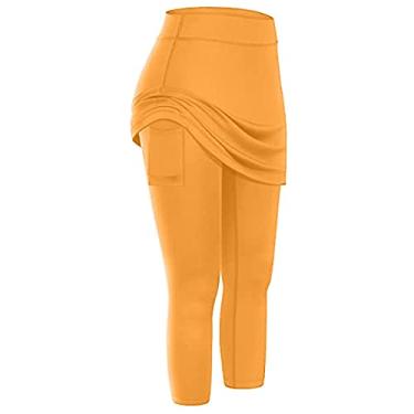 Imagem de Legging elástica capris leggings esportes tênis ioga saias com bolsos saia saia feminina vestidos de verão para mulheres joelho, Amarelo, M