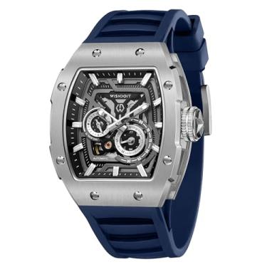 Imagem de Relógios de pulso masculinos mecânicos automáticos de aço inoxidável estilo esportivo à prova d'água safira cristal borracha intercambiável relógios de pulso, Caixa prateada com pulseira azul