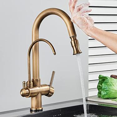 Imagem de Torneira de cozinha com filtro de sensor de toque, torneira de cozinha de latão com água pura, torneira misturadora giratória, guindaste de água quente e fria, modo de 2 vias, latão antigo