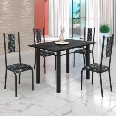 Imagem de Conjunto Sala de Jantar Bahia Mesa Tubo 120x75cm Tampo Pedra Ardósia Indiana com 4 Cadeiras Preto Floral/preto Fosco