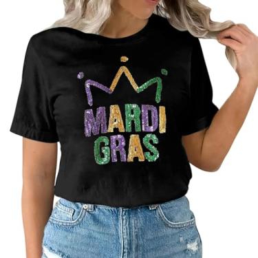 Imagem de 2024 Mardi Gras Outfit for Women Letter Printed Mardi Gras Shirts for Women Sparkly Fat Tuesday Camisetas, Preto, XXG