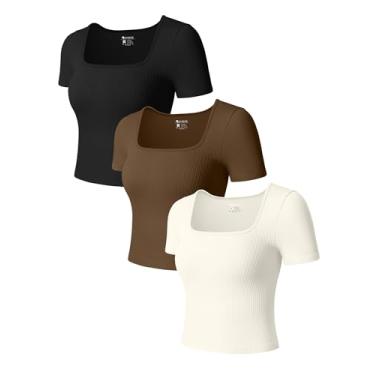 Imagem de OQQ Camisetas femininas de manga curta, gola quadrada, elástica, 3 peças, Preto, café, bege, P