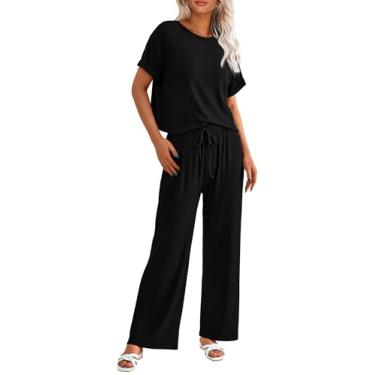 Imagem de PRETTYGARDEN Camiseta feminina de verão de 2 peças de malha de manga curta e calça de treino de perna larga roupa casual, Preto, G