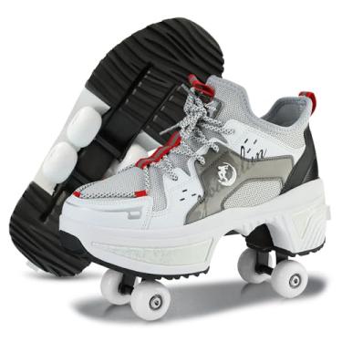 Imagem de Sapatos de patins para mulheres, crianças, tênis de patins para meninos e meninas, tênis com rodas retráteis, patins respiráveis, para Natal, aniversário, crianças, presente (cinza, 5)