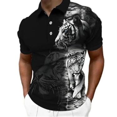 Imagem de Camisa polo masculina de manga curta com estampa de leão animal e design elegante de botão, Zphq659812, M