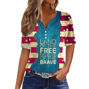 Imagem de Camiseta feminina Summer Dependence Day Henley com bandeira dos EUA, mangas curtas, casual, roupas de 4 de julho, Azul-celeste - b, P