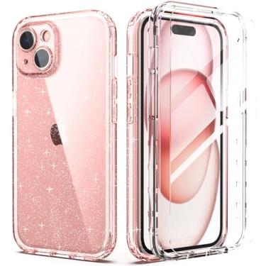 Imagem de IDweel Capa para iPhone 15 com protetor de tela (vidro temperado), híbrido 2 em 1 à prova de choque, macio, slim fit, capa transparente transparente com amortecedor de TPU, capa protetora de airbag de silicone, rosa glitter