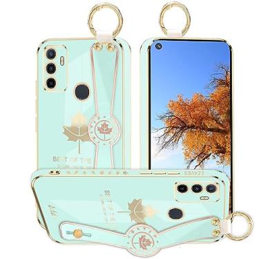 Imagem de Kainevy Capa de telefone para Oppo A53 2020 capa estética de silicone à prova de choque para mulheres capa protetora Oppo A53 capa fina com anel de pulso design padrão folha de bordo (verde)