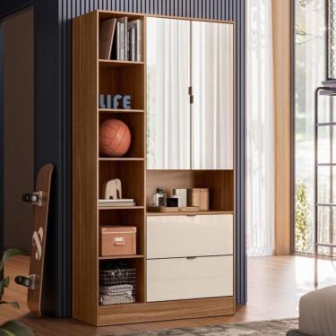 Imagem de Armário Multiuso Joy 2 Portas 2 Gavetas com Espelho Amêndola Touch/Off White - Demóbile