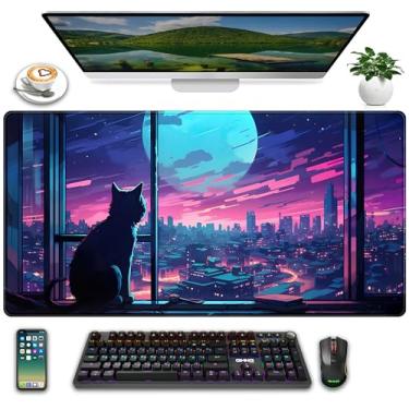 Imagem de Tapete de mesa Kawaii, roxo, anime, gato, 2GG, grande, tapete de mouse para jogos, tapete de mesa com gatos fofos, para decoração de mesa de escritório, mousepad, teclado e mouse para laptop, 80 x 40