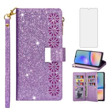 Imagem de Asuwish Capa de telefone para Samsung Galaxy A05S capa carteira com protetor de tela de vidro temperado e alça de pulso de couro com glitter brilhante flip zíper suporte para cartão de crédito Ao5s