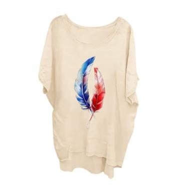 Imagem de Camisas de linho femininas de penas casuais de manga curta solta com estampa de pluma blusa de gola redonda roupa grande 2024, Bege, XXG