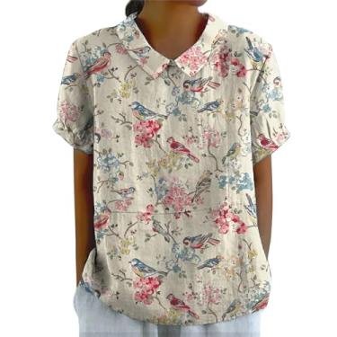 Imagem de Camisas de linho femininas estampadas florais verão lapela gola curta túnica casual elegante camisetas blusa básica gola redonda, Bege-b, M