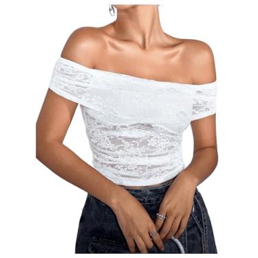 Imagem de SweatyRocks Camiseta feminina de renda com ombros de fora franzida slim fit transparente, Branco, G