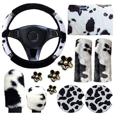 Imagem de YSLSLOO Conjunto de acessórios de carro com estampa de vaca com 12 peças de capa de volante fofa de pelúcia de vaca para mulheres, lindo conjunto de capa de volante de carro de vaca com flores aromatizadores de ar estampa de vaca (preto)