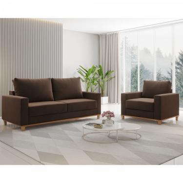 Imagem de Conjunto Estofado Living 3 Lugares e 1 Poltrona Napoles Marrom - Casa Giulia