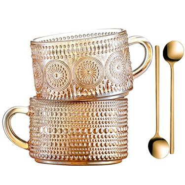 Imagem de Gezzeny Canecas de café vintage 400 ml conjunto de 2 xícaras de chá de vidro âmbar em relevo para cappccino, latte, cereal, iogurte, bebidas Dia de Ação de Graças