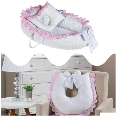 Imagem de Kit Ninho Redutor para Berço de Bebê com Travesseiro + Almofada Amamentação para Amamentar - GUIPIR ROSA (AZUL MARINHO)