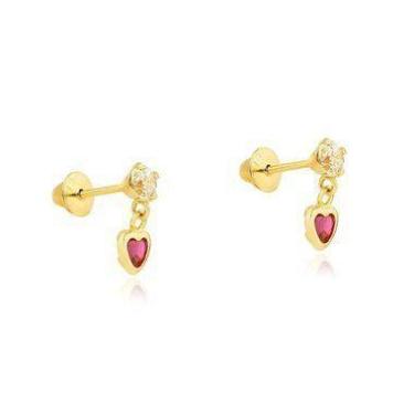 Imagem de Brinco de ouro 18k pedra vermelha com pingente coração - Elegancy Joia