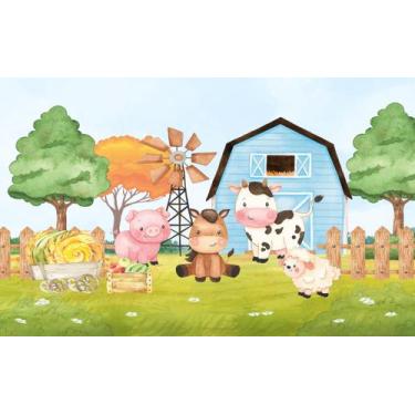 Imagem de Painel de lona Fazendinha Aquarela Animais e Celeiro Azul - Fabrika de