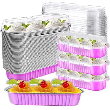 Imagem de JOYKLE Mini formas de bolo com tampas, pacote com 50 mini formas de pão e tampas, copos longos de folha de alumínio, forros descartáveis de cupcake (rosa)