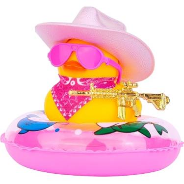 Imagem de MuMyer Patos para carros, enfeites de carro de pato de borracha para painel de carro, acessórios de decoração de painel de carro de pato caubói com mini chapéu de cowboy holográfico anel de natação cachecol óculos de sol adereço especial (Gc21)