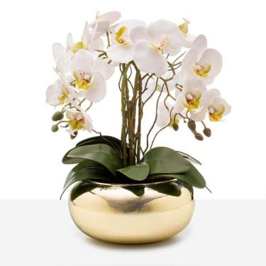 Imagem de Arranjo Orquídea Silicone 4 Hastes Vaso Espelhado Dourado Luxo - Flora