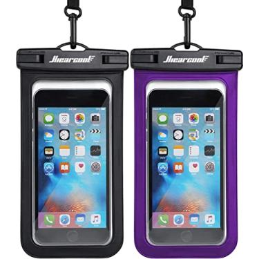 Imagem de Hiearcool Bolsa universal à prova d'água para celular compatível com iPhone 17 16 15 14 13 Pro Max Plus até 21.1 cm, IPX8 Beach Travel Essentials, preto e roxo, pacote com 2