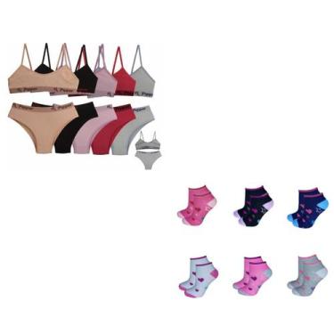 Imagem de Kit Juvenil 6 Pares Meias + Conjunto 6 Calcinha E Sutiã Infantil Juven