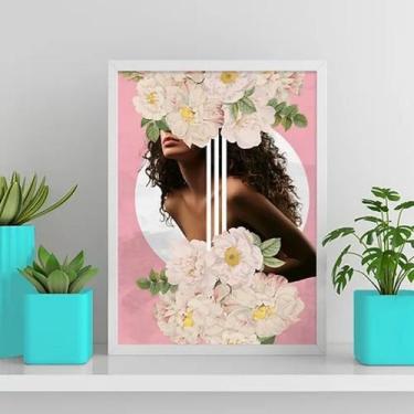 Imagem de Quadro Mulher Morena Flores Rosa 33x24cm - com vidro - Quadros On-line