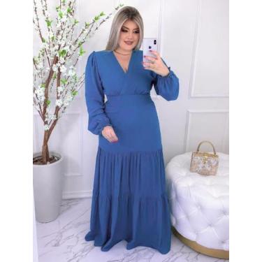 Imagem de Vestido Longo Manga Longa Decote V Viscolinho Moda Feminina - Fashion,