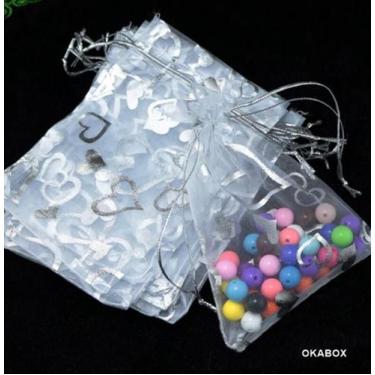 Imagem de Saquinho de organza fita Cetim 12x17 Coração Prata (100 Und) - OKABOX