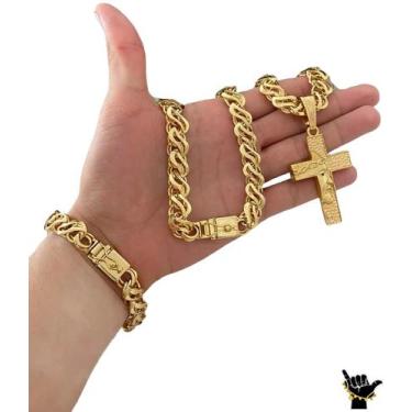 Imagem de Corrente Friso 12mm + Pulseira + Pingente - Banhado a Ouro - ToJoia18k