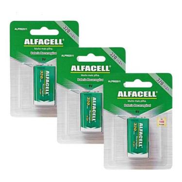 Imagem de Kit 3 Baterias 9V Recarregavel Pilha Retangular 320 Mah - ALFACELL