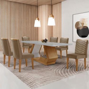 Imagem de Mesa para Sala de Jantar Alvorada 180cm MDF com Vidro Canto Copo e 6 C