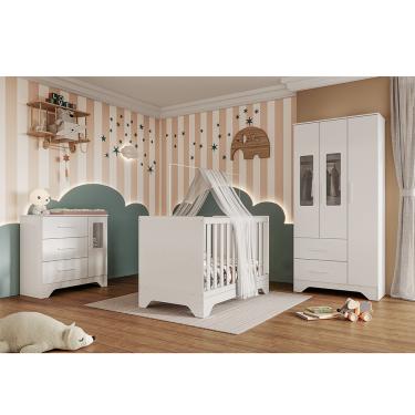 Imagem de Quarto de Bebê Completo Guarda Roupa e Cômoda com Janela Berço 3 em 1 100 MDF Popy Móveis Peroba - Branco Brilho