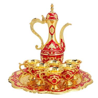 Imagem de Conjunto de bule de chá vintage, kit de pote de vinho de metal russo, incluindo bandeja de artesanato, bule de chá, garrafa dourada com 6 xícaras de chá de cappuccino, artesanato para mulheres,