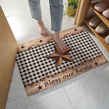 Imagem de Tapetes de banheiro antiderrapante Bless Our Home Western Texas Star com frutas vermelhas em xadrez preto retrô absorvente de água tapete de chuveiro felpudo para banheira de secagem rápida tapete de