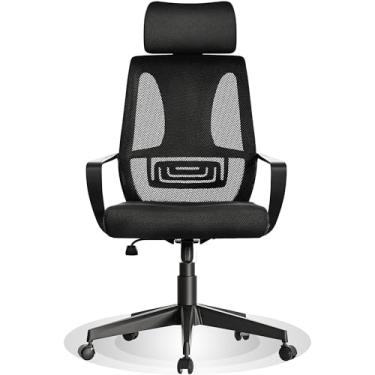 Imagem de IULULU Ergonômico, Cadeira de escritório grande e alta com encosto alto de malha ajustável, suporte lombar, encosto de cabeça, apoio de braço, para tarefas giratórias, escritório em casa, preta