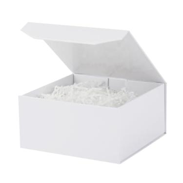 Imagem de PACKGILO 1 caixa de presente branca pequena 20 x 20 x 10 cm, caixa magnética pequena com papel enrugado, caixa de presente branca pequena com papel desfiado, caixas de presente luxuosas com tampas