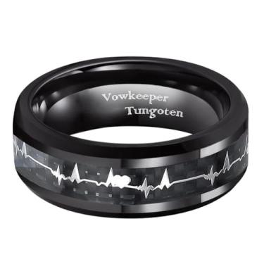 Imagem de Anel de casamento masculino de tungstênio preto de 8 mm, incrustado com design moderno de batimento cardíaco, ideal para casamento, noivado e compromisso, anel de presente unissex tamanho 7-13, Metal,