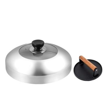 Imagem de JNXHON Prensa de hambúrguer de ferro fundido resistente de 14,5 cm, prensa de hambúrguer, acessórios para chapa interna e externa e cobertura visual de cúpula de derretimento de 28 cm