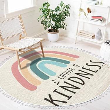 Imagem de Tapete redondo Boho Escolha gentileza Colorfull rainbow Be kind motivational Carpet com borlas tapete de meditação lavável corredor tapete de chão tapetes para quarto de jogos, berçário, decoração 1,2