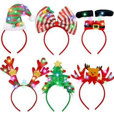 Imagem de Bassion Pacote com 6 tiaras de Natal iluminadas, arco árvore de Natal chapéu elfo chifres de rena, acessórios de cabelo de Natal para mulheres, lembrancinha de festa de Natal, decorações de Natal