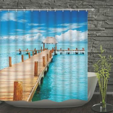 Imagem de Cortinas de chuveiro à prova d'água estampadas com conchas do mar e ondas do mar, cortina de banho, tela de banho de poliéster com 12 ganchos, JWW216, 240X180cm