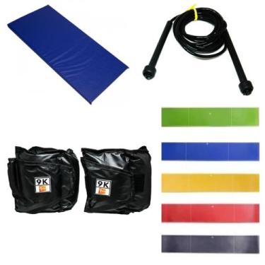 Imagem de Kit Colchonete Azul + Par Caneleira 9kg+ 5 Mini Band + Corda - 1 Fit
