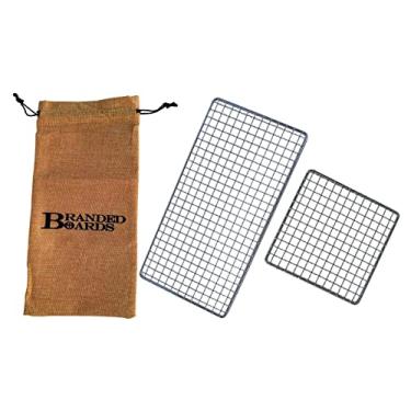 Imagem de Branded Boards Grelha Portátil Bushcraft De Aço Inoxidável Para Churrasco, Kit De Iniciação De Incêndio De Sobrevivência, Haste De Ferro, Isca De Juta Encerada, Striker, Saco De Estopa(Grelha Pequena