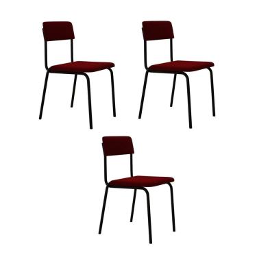 Imagem de Conjunto 3 Cadeiras Estofadas Fixa Empilhável Fit Vermelho Vinho City / Preto Fosco
