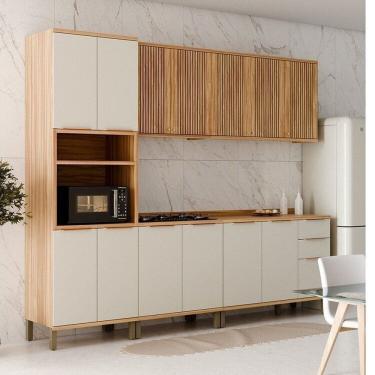 Imagem de Cozinha Modulada Completa 270cm 5 Peças 13 Portas com Tampo 100% MDF Noruega Fresada Espresso Móveis Amêndoa/Off White